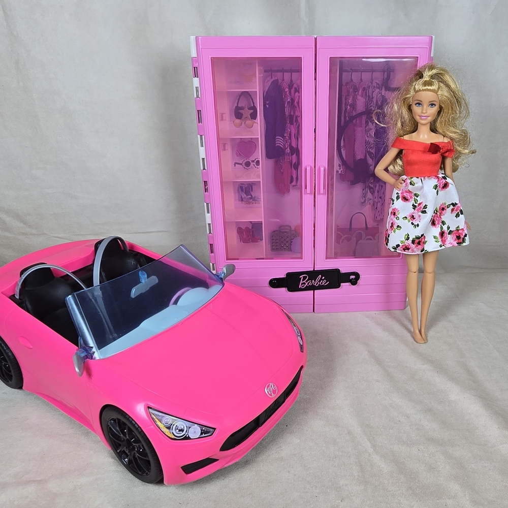 Barbie Doll with Pink Convertible and Wardrobe